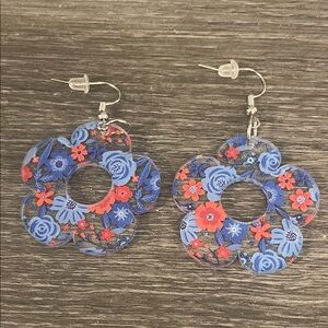 New Boutique Flower Shaped Clear Acrylic With Blue & Red Floral Earrings